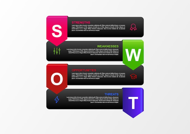 Swot analysis infographic with flat design of 4 monotone color in vector. modern swot analysis banner with world map Premium Vector