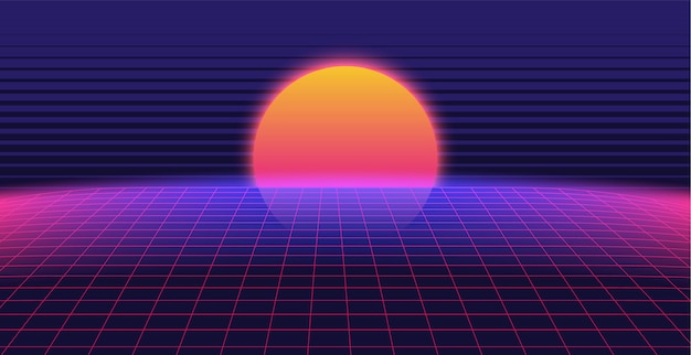 Synthwave 3d background landscape 80s style Premium Vector