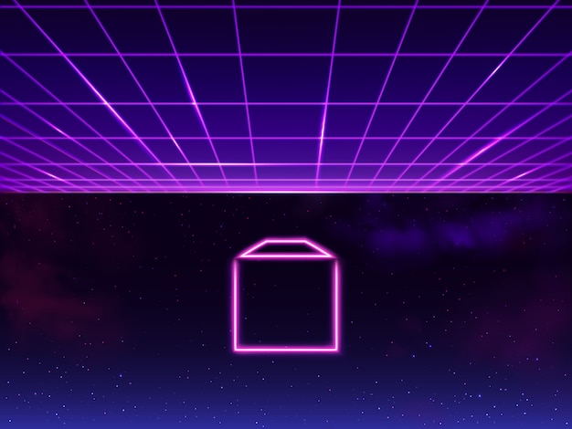 Synthwave неоновая сетка футуристический фон со значком папки в космосе, ретро-фантастика 80-х 90-х годов futuresynth rave, парная вечеринка Бесплатные векторы