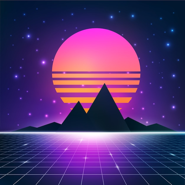Premium Vector | Synthwave retrowave illustration with sun, mountains ...