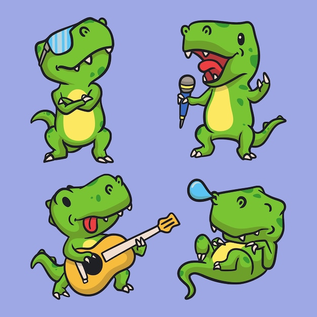 T Rexはかっこいい T Rexは歌う T Rexはギターを弾く Trexは動物のロゴのマスコットイラストパックを眠る プレミアムベクター