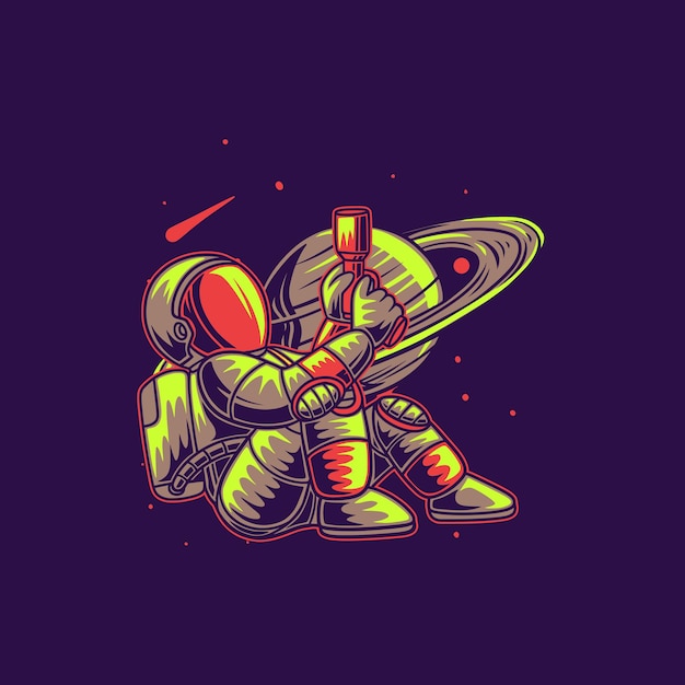 Premium Vector | T shirt design astronaut in a sitting position holding ...