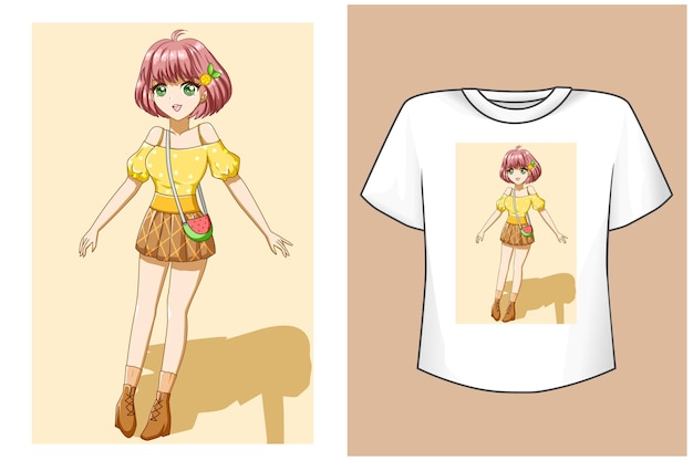 Tシャツデザインモックアップかわいい女の子の夏の漫画イラスト プレミアムベクター