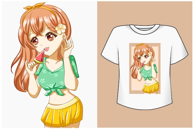 夏の漫画イラストでアイスクリームとtシャツデザインモックアップかわいい女の子 プレミアムベクター