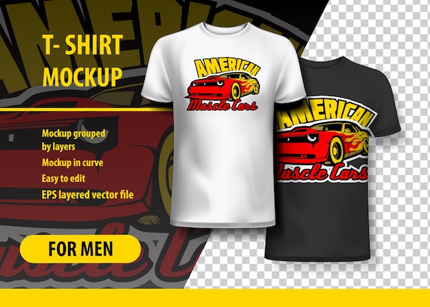Download T-shirt mockup with american muscle cars phrase in two colors | Premium Vector