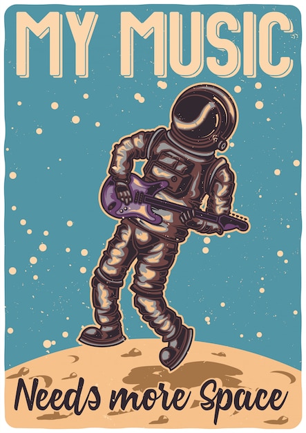Tシャツやポスターのデザイン 月面でギターを弾く宇宙飛行士のイラスト 無料のベクター