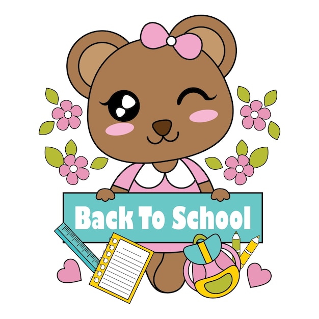 かわいい小さな熊の女の子と子供のtシャツのグラフィックデザイン 背景と壁紙に適した学校のテキストに戻るとベクトル漫画のイラスト プレミアムベクター