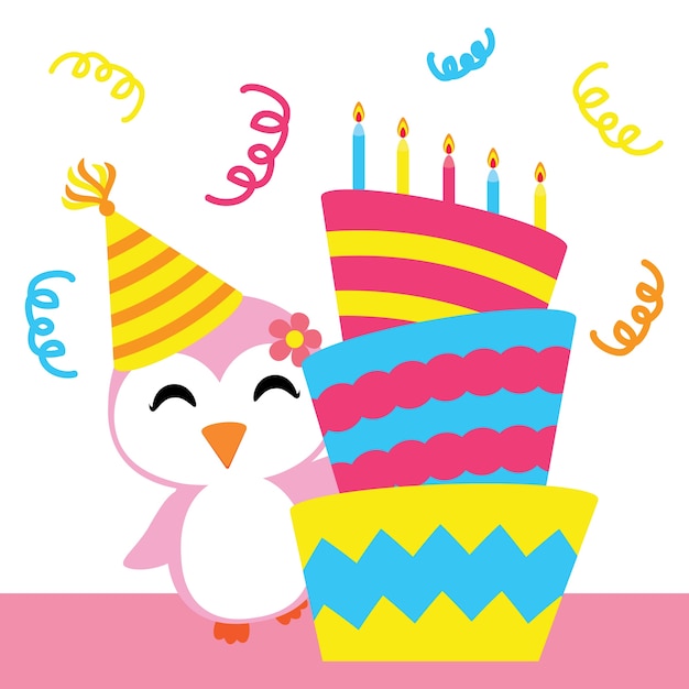 かわいいペンギンの女の子と誕生日ケーキベクトル漫画 誕生日のはがき 壁紙 グリーティングカード 子供のためのtシャツのデザイン プレミアムベクター