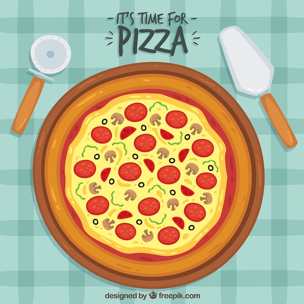 Tablecloth background with delicious pizza and\
salami