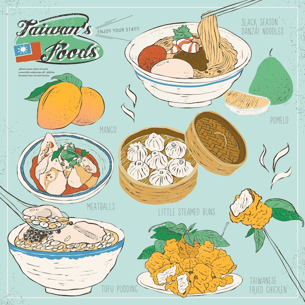 Premium Vector | Taiwan delicious snacks collection set in flat style