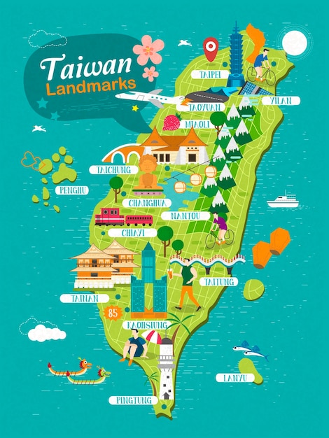 台湾のランドマーク旅行地図 プレミアムベクター