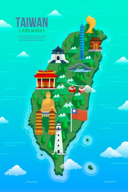 Free Vector  Taiwan map with illustrated landmarks