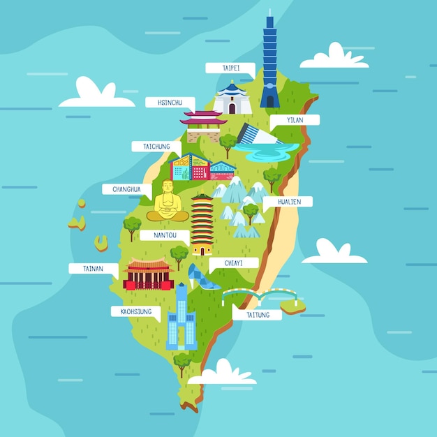 Free Vector Taiwan Map With Landmarks Illustration