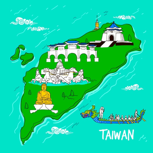 ランドマークのイラストが台湾地図 無料のベクター