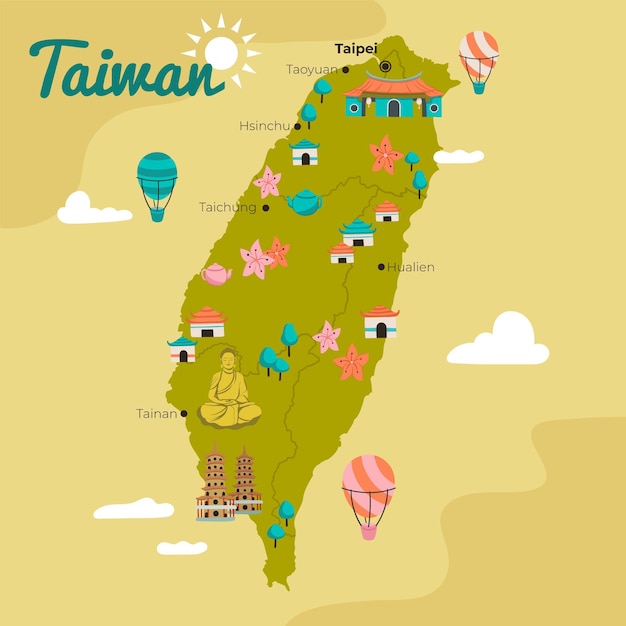 ランドマークと台湾の地図 無料のベクター