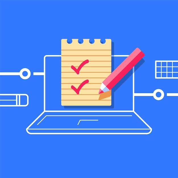 テストを受ける 知識をチェックする オンラインクラス 試験の準備 インターネット教育の概念 コンピューターのチェックリスト イラスト プレミアムベクター