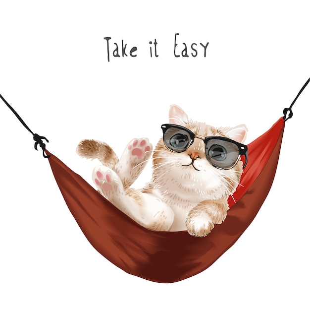 赤いハンモックのイラストでリラックスしたサングラスでかわいい猫と簡単なスローガンを取る プレミアムベクター