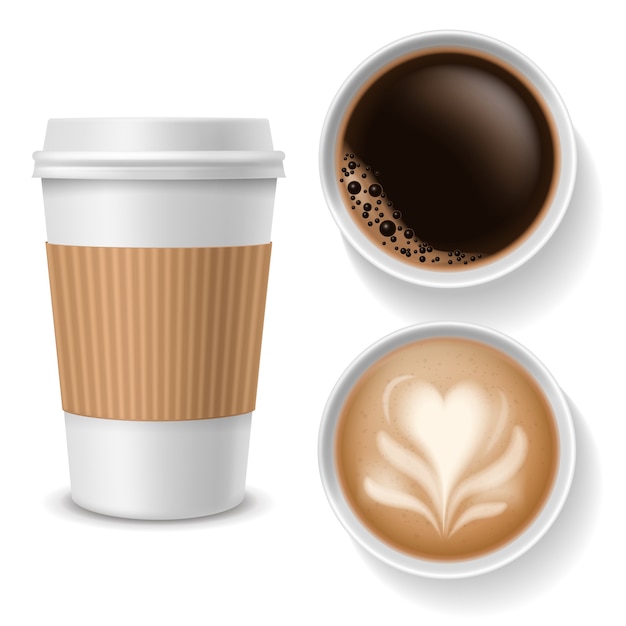 テイクアウトのコーヒーカップ カプチーノアメリカーノエスプレッソラテと紙の白 茶色のコーヒーカップで平面図飲料 現実的なベクトル プレミアムベクター