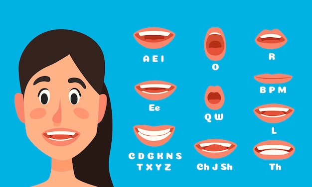 話している女性の口のアニメーション 話している女性のキャラクター 口の表情を話す 唇の同期を話すアニメーション プレミアムベクター