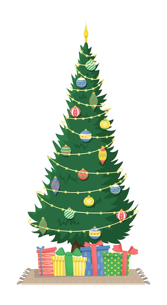 ガーランドとクリスマスツリーのおもちゃやギフトで背の高い美しいクリスマスツリー クリスマスフラットイラスト プレミアムベクター