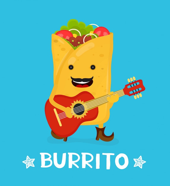 Tasty cute happy smiling burrito dance acoustic guitar. vector modern