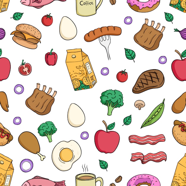 Tasty lunch food in seamless pattern with colored doodle style Premium Vector