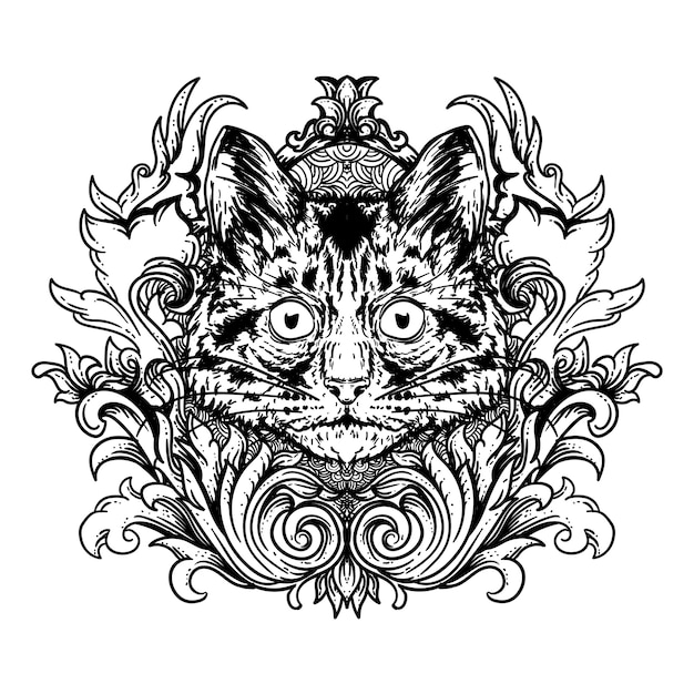 タトゥーとtシャツデザインの黒と白の手描きイラスト猫頭と彫刻飾り プレミアムベクター
