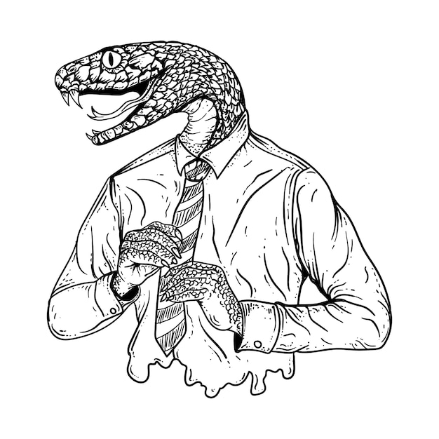 タトゥーとtシャツのデザインの黒と白の手描きイラストヘビ男 プレミアムベクター
