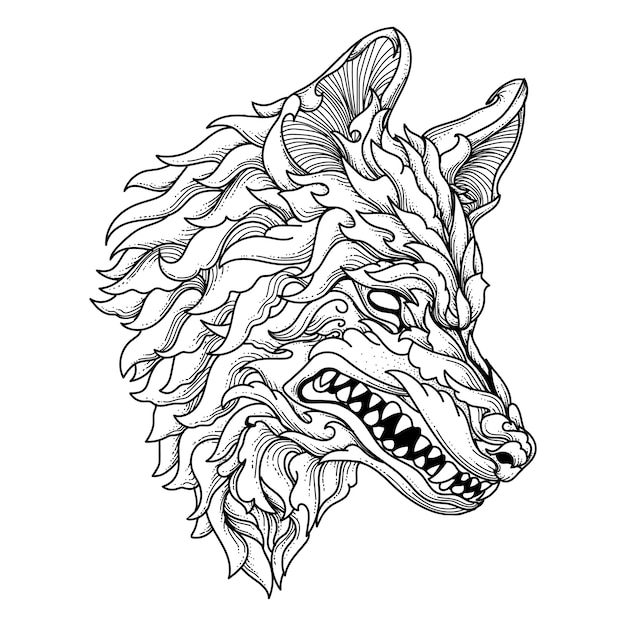 プレミアムベクター タトゥーとtシャツデザインの黒と白の手描きイラストオオカミの頭飾り