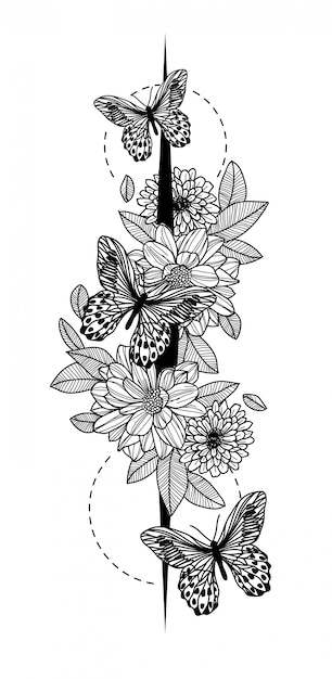 Download Tattoo art butterfly sketch black and white | Premium Vector