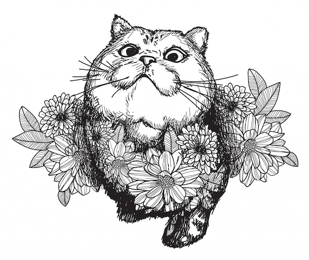 タトゥーアート猫と花の描画と白い背景で隔離のラインアートイラストとスケッチします プレミアムベクター