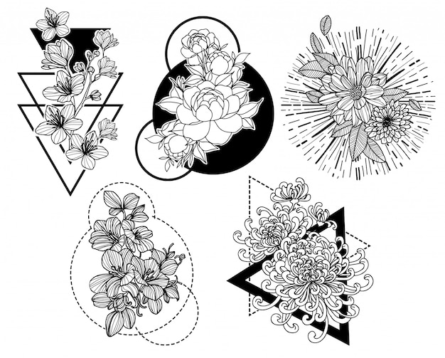 タトゥーアートの花の手描きとラインアートイラストと黒と白のスケッチ プレミアムベクター