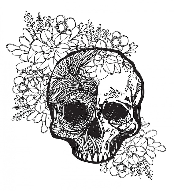Premium Vector | Tattoo art skull and flower hand drawing and sketch ...