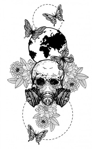 Download Tattoo art skull flowers hand drawing black and white ...