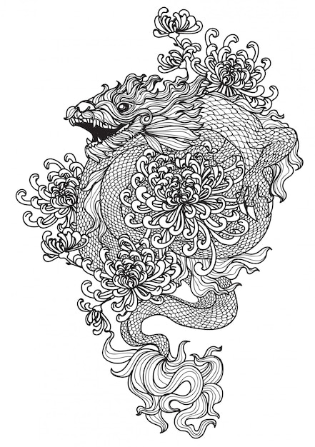 タトゥードラゴンと花の手描きと分離されたラインアートイラストスケッチ プレミアムベクター