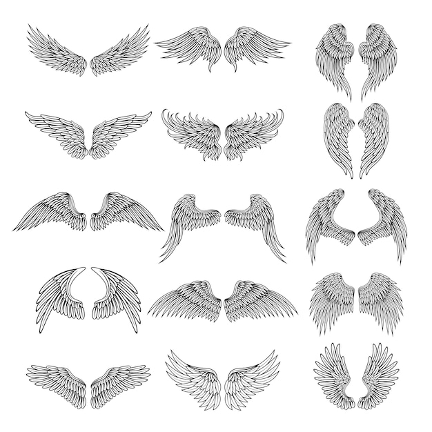 さまざまな様式化された翼のタトゥーの写真 ロゴのイラスト 翼の天使や鳥のタトゥーのセット プレミアムベクター