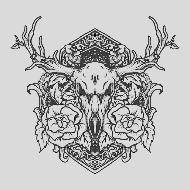  Tattoo and t shirt design black and white hand drawn deer and rose engraving ornament