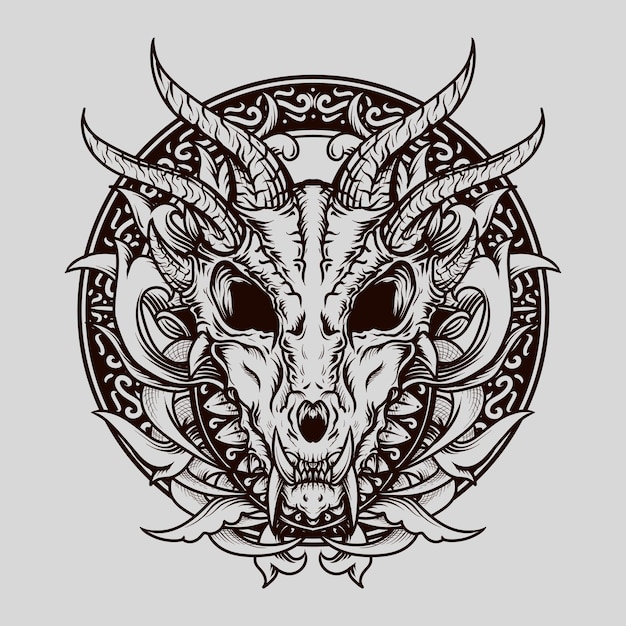 Premium Vector Tattoo And T Shirt Design Black And White Hand Drawn Dragon Skull Engraving Ornament