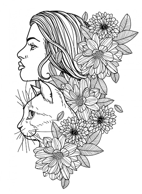 Download Premium Vector | Tattoo women and cat hand drawing sketch ...