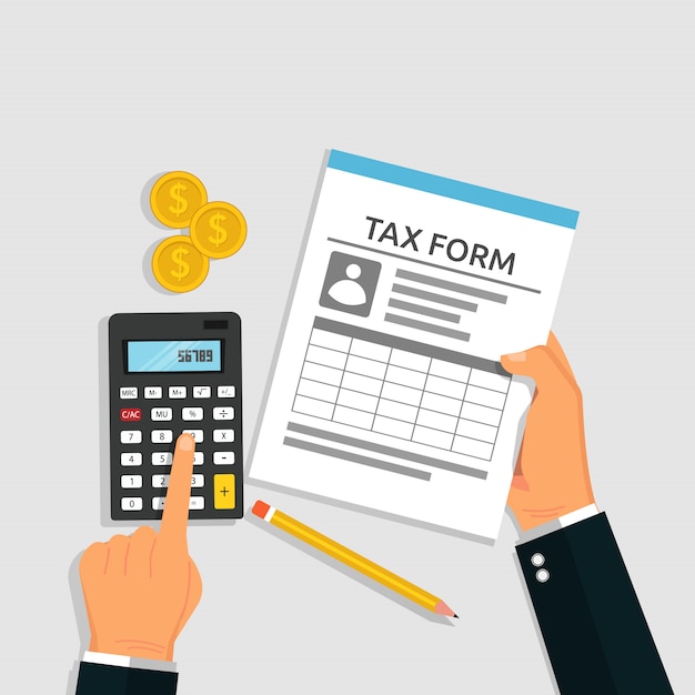 税計算の概念 納税申告書と納税の計算機を持っている手 コインと鉛筆のシンボル ベクトルイラスト プレミアムベクター