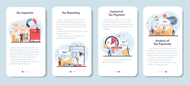 税務調査官モバイルアプリケーションバナーセット 税の報告と管理のアイデア プレミアムベクター