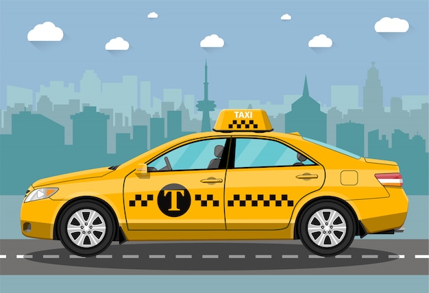 Taxi car on city background | Premium Vector