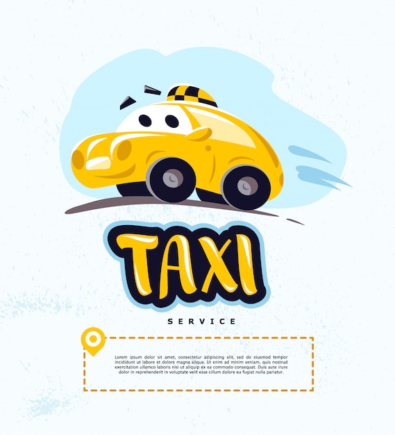 白い背景の上のタクシー車のイラスト 漫画のスタイル 面白いかわいい運転車 タクシーサービスのロゴのテンプレート プレミアムベクター