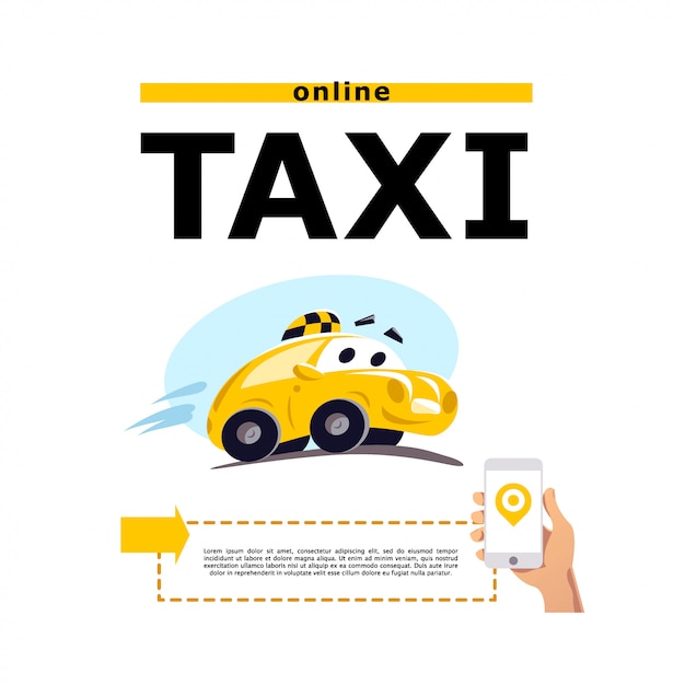 白い背景の上のタクシー車のイラスト 漫画のスタイル 面白いかわいい運転車 タクシーサービスのロゴのテンプレート プレミアムベクター