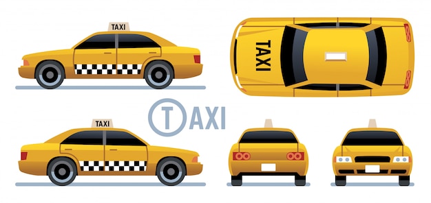 タクシー車 側面 前面 背面 上面から見た黄色のタクシーの様子 漫画市タクシーセット プレミアムベクター