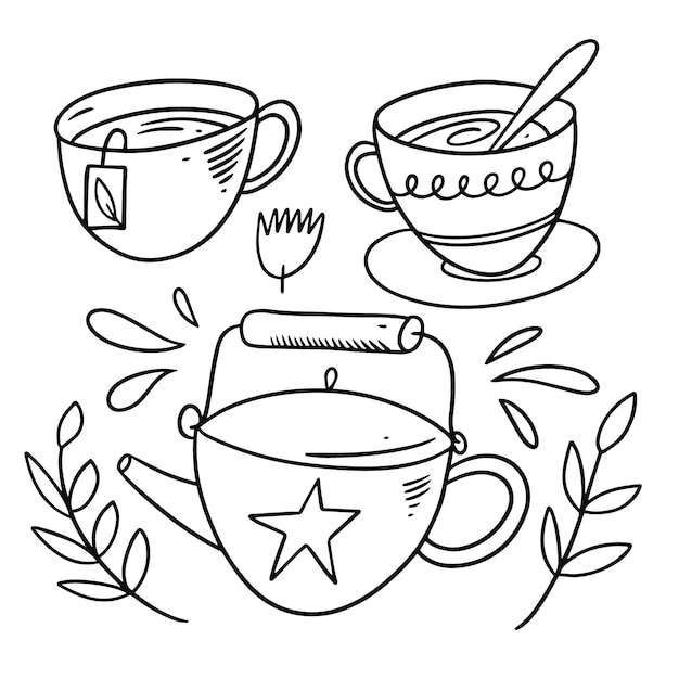 Premium Vector | Tea ceremony with teapot and mugs. doodle style ...