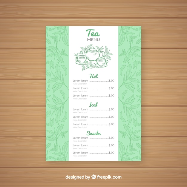 Tea menu template with beverages list | Free Vector