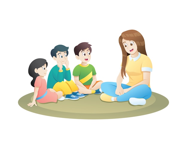 Teacher and little kids sitting on soft carpet and learning Vector ...