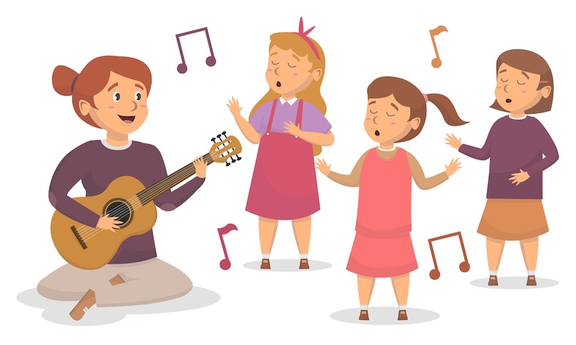 Premium Vector | Teacher play the guitar and cute students singing ...