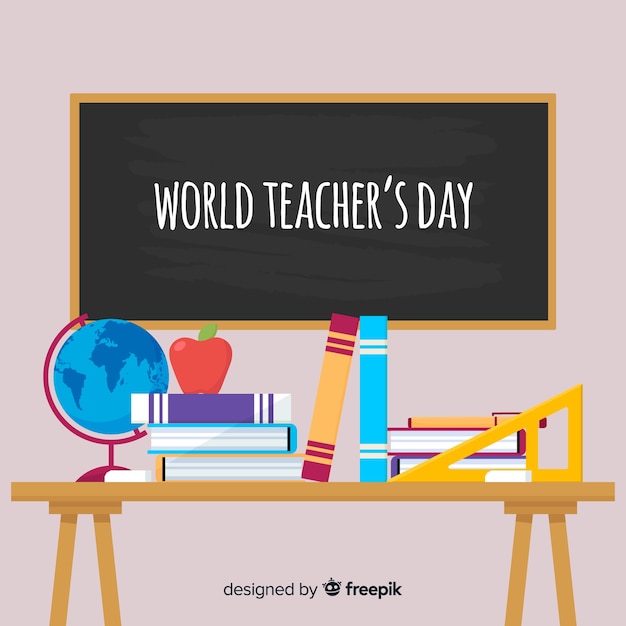 Teacher's day background with blackboard and desk in flat design Free Vector